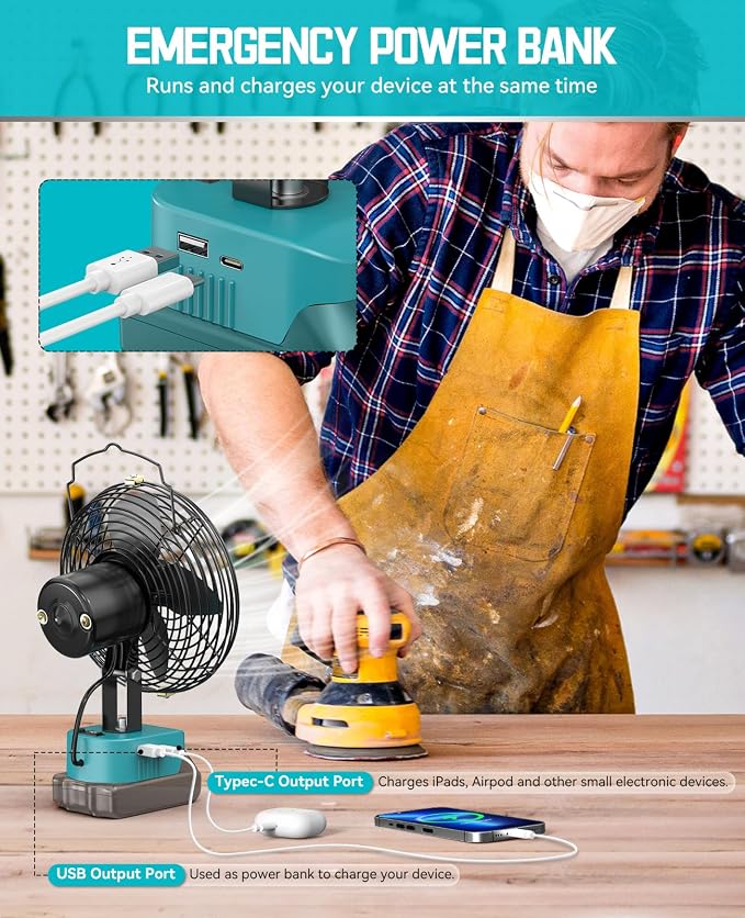 Ecarke Portable Cordless Fan Compatible with Makita 18V (Tool Only) 7 inch Cordless Battery Powered Fan Jobsite Fans With USB A+C Charging for Camping Workshop & Construction Site