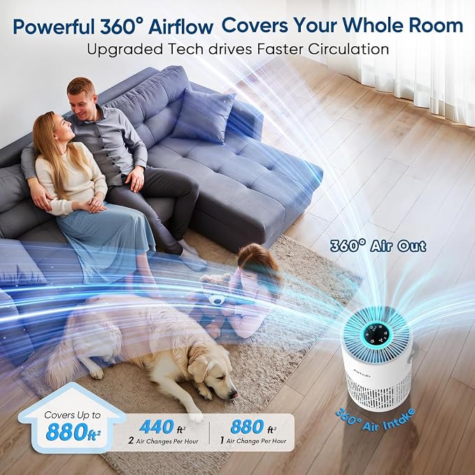 Air Purifier for Bedroom Home, Covers Up to 880 Ft², True HEPA Quiet 3-in-1 Air Purifiers Filter, 20dB Sleep Mode, Air Cleaner, 360° Intake, Remove Dust, Smoke, Pet Dander & Odors, White