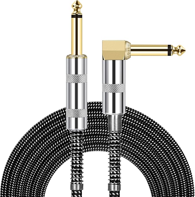 JOLGOO Guitar Cable, 1/4 Inch Cable 10 Ft, Straight to Right Angle 6.35mm Plug Bass Keyboard Instrument Cable, Black and Gray Tweed Cloth Jacket, Electric Mandolin, pro Audio