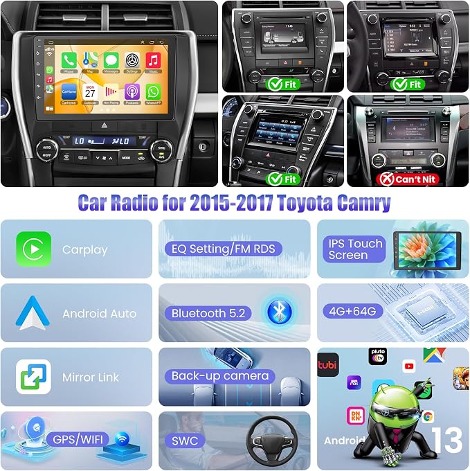 (8Core + 64GB) 10.2 Inch QLED Touch Screen Car Radio for Toyota Camry 2015 2016 2017 with Carplay and Android Auto,Android 13 Camry Stereo Support Bluetooth,WiFi,GPS,FM Radio,Backup Camera & SWC