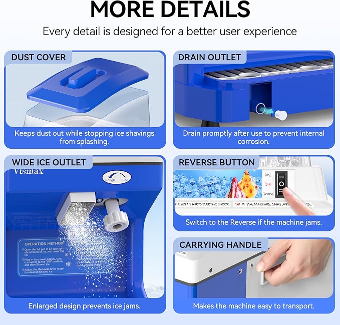 Electric Ice Shaver Machine, 300W Shaved Ice Machine, Thickness Adjustable Snow Cone Maker Machine 661LBs/hr Ice Crusher for Bar Parties Events Snack, Home and Commerical Use Blue(5.8Qt)