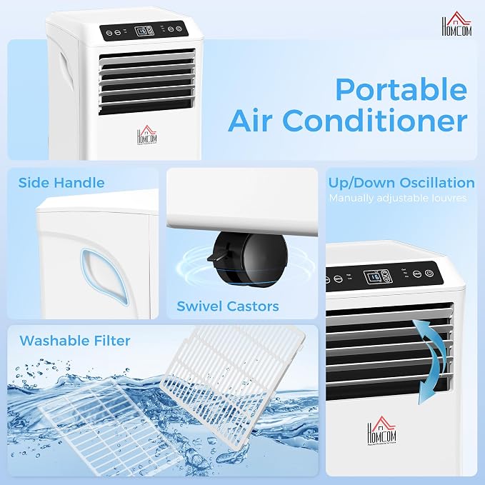 HOMCOM 8000 BTU Portable Air Conditioner for Rooms Up to 344 Sq. Ft., 4-in-1 AC Unit with Cooling Fan, Dehumidifier, Sleep Mode, Remote Control, 24H Timer, Window Installation Kit, White