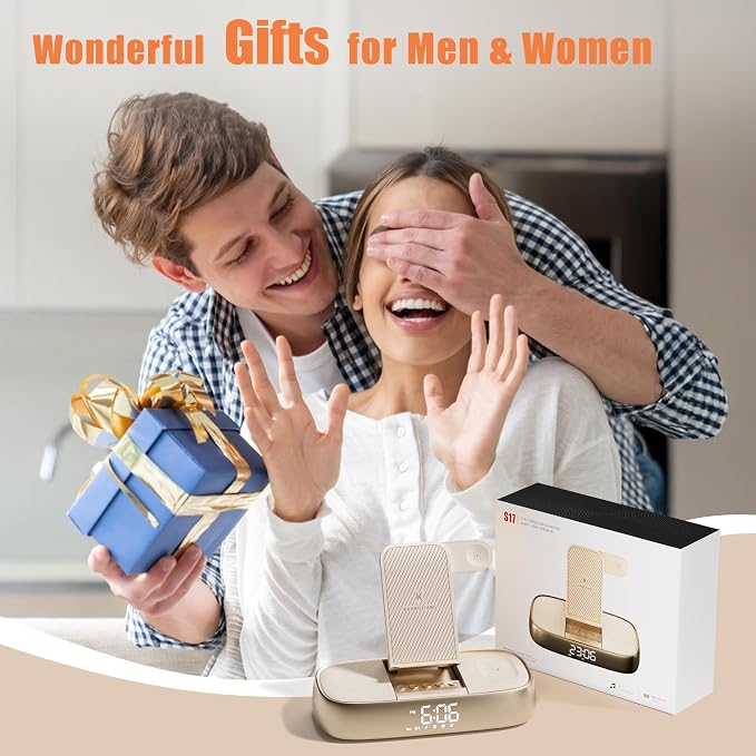Bluetooth Speaker Alarm Clock with Wireless Charging, 15W Safe Fast Wireless Charger Station Phone Stand, 3 Level Bedside Night Light Protable Speaker, Mom Gifts Dual Digital Alarm Clocks for Bedrooms