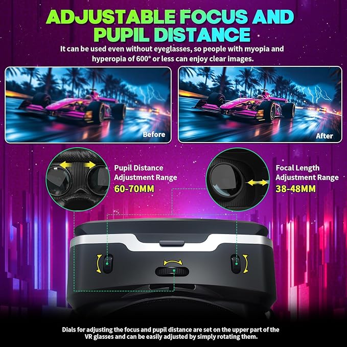 VR Headset with Bluetooth Remote for 4.7-7" iPhone & Android Phones, HD Aspheric Lenses, Adjustable Focus & Pupil Distance, Heat Dissipation Design