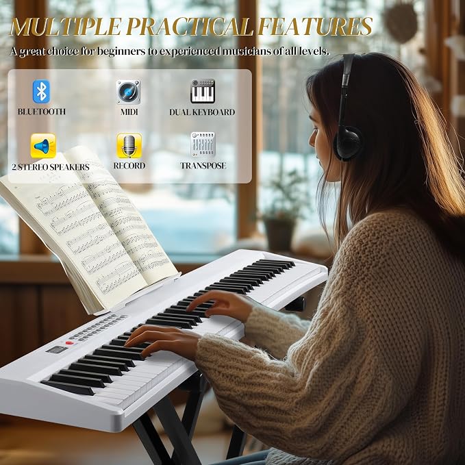 Ktaxon 88 Key Foldable Electronic Keyboard Piano Set, Semi-Weighted Electric Piano Digital Piano with Dual X Stand, 2 Bluetooth Mode, 1000 Rhythms, 1000 Tones and 50 Demos for Beginners Adults(White)