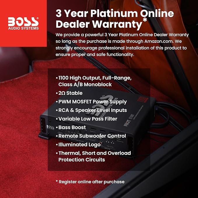 BOSS Audio Systems R1100M Monoblock Car Amplifier - 1100 High Output, 2-8 Ohm Stable, Low/High Level Inputs, Low Pass Crossover, MOSFET Power Supply