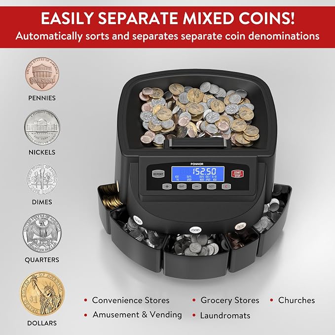 PONNOR Coin Counter Machine Sorter Change and Wrapper Roller Counting Organizer Sorts up to 300 Coins Per Minute Automatically Sorts and Batches - Black