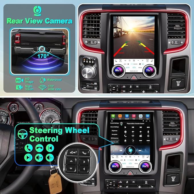 for Dodge Ram 1500/2500/3500 Auto AC Android 13 Car Radio 8-core, 10.4 Inch IPS Touch Screen Car Stereo with Wireless Carplay/Android Auto,GPS, WiFi, Bluetooth, FM, DVR