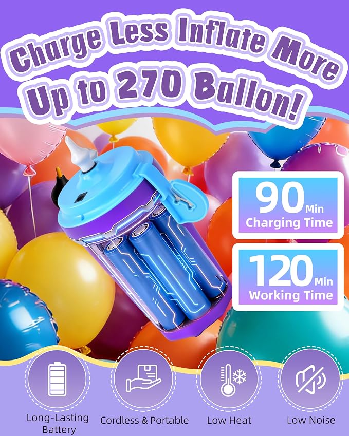 Portable Balloon Pump Electric, Rechargeable Cordless Balloon Pump Inflator for All Balloons, Latex 260q Foil Mylar Balloon Inflation, Quick-Fill Inflator& Deflator for Inflatables,Purple & Blue