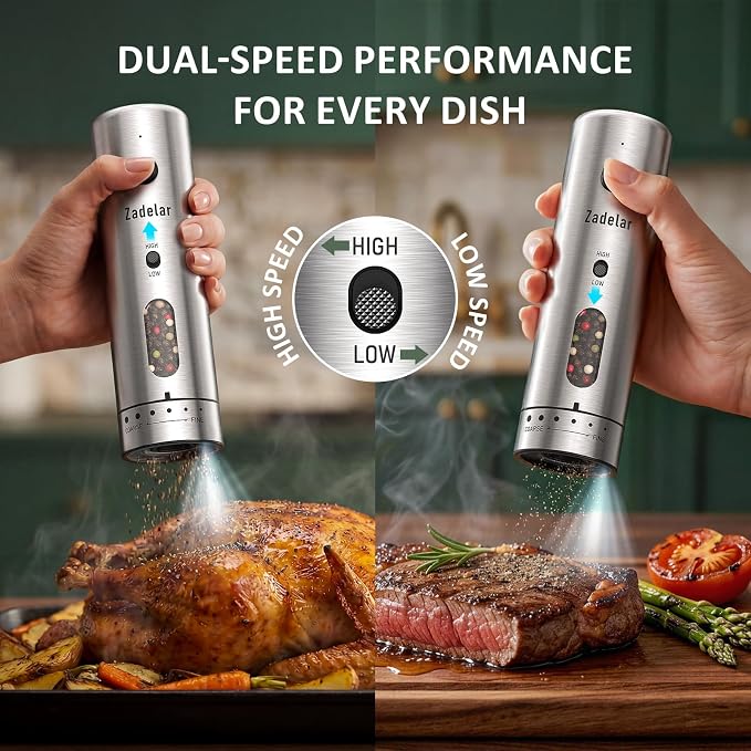 Zadelar Electric Salt and Pepper Grinder Set with Charging Base, Rechargeable Pepper Mill with 6-Level Visible Coarseness Adjustment, High/Low Variable Speeds, Stainless Steel, One-Handed Operation