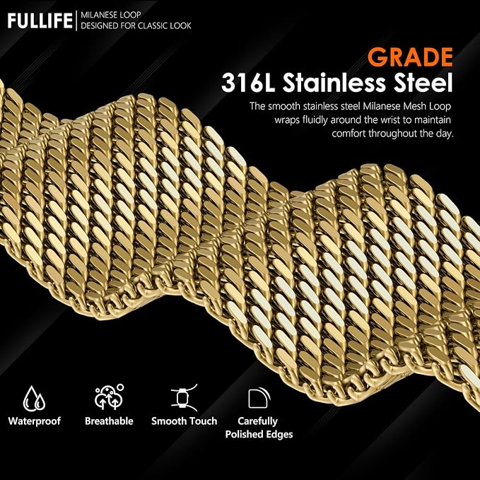 FULLIFE Milanese Mesh Loop for Apple Watch Band Apple Watch Ultra 3/2/1 Band 49mm 46mm 45mm 44mm Men Women, Stainless Steel Metal Band Parachute-style Buckle for iWatch Series 11 10 9 8 7 6 SE3 5 4 3