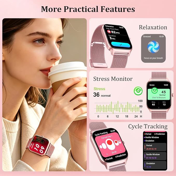 Smart Watch Women Men, 1.85’’ Reloj Inteligente para mujer hombre, Make/ Answer Call, Health Monitor/Blood Pressure, 110+ Sports Modes, Voice Control, IP68 Waterproof Compatible with Android & iPhone