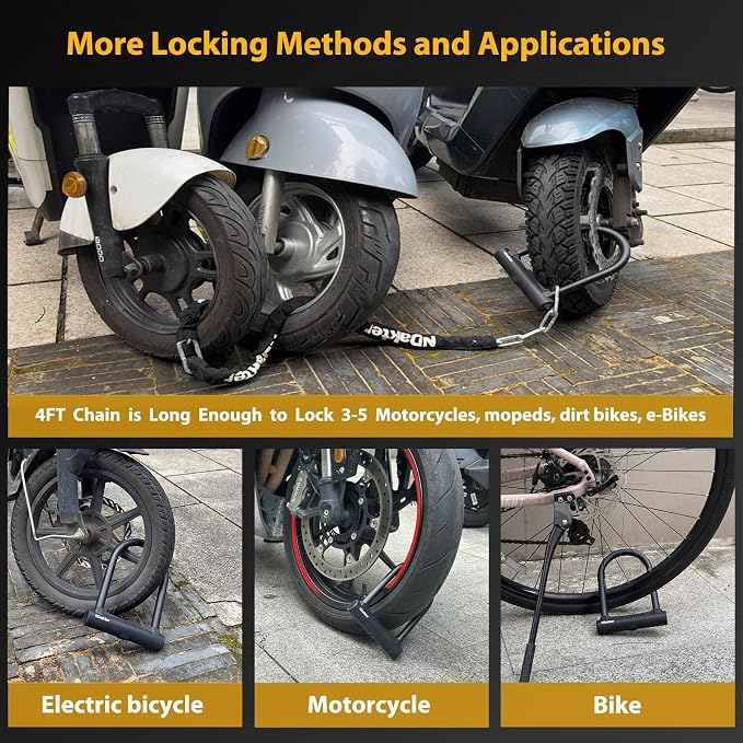 NDakter Bike Locks, 17mm Heavy Duty Anti Theft, Bike U Lock with 4FT Chain and Bracket, Electric Bicycle Lock for Scooter, 3 Keys Motorcycle Wheel Lock for Ebike, Moped, Tricycle