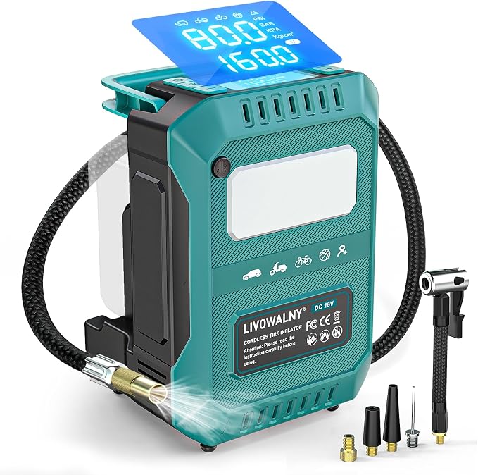 5X Faster Tire Inflator Air Compressor, LIVOWALNY 160PSI Cordless Air Pump Compatible with Makita 18V Battery with Digital Pressure Gauge, Deflator & Auto Shut-Off for Car, Motorcycle (Tool Only)