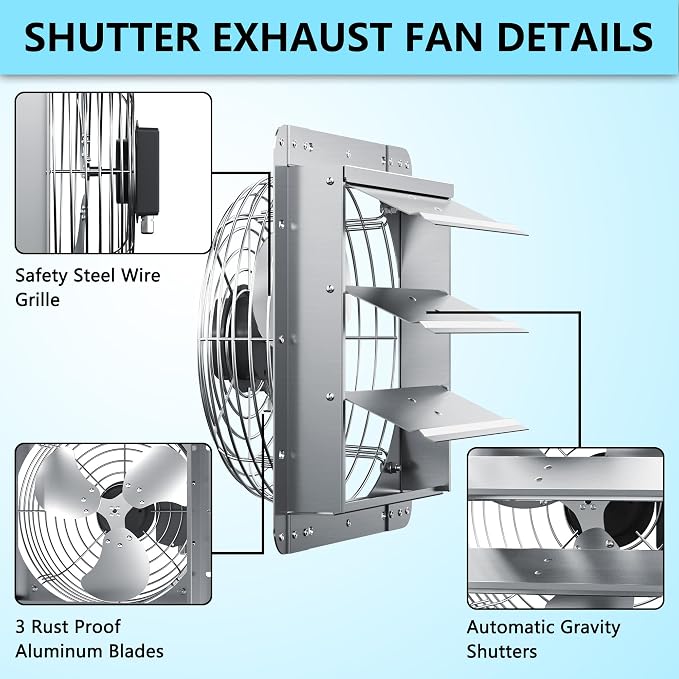 14 Inch Shutter Exhaust Fan, Aluminum Wall Mounted Exhaust Fan, 1558 CFM High Speed Automatic Shutter Attic Fan, Vent Fan For Greenhouse,Shed,Shop,Garage