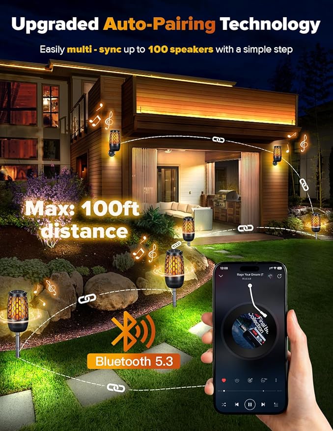 Outdoor Speakers with Flame & RGB Lights, 10W HD Stereo, Bluetooth 5.3 Auto-Pairing, Multi-Sync 100+ Speakers, IPX6 Waterproof, Perfect for Patio, Pool, Party | Gifts for Men & Women (2Pack)