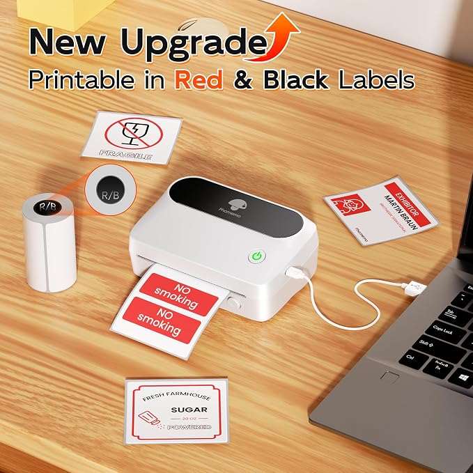 Phomemo M421 Label Maker, Label Printer for Warning Stickers Fragile Labels, with 1.97" x 3.15" (50x80mm) Red & Black Color Thermal Sticker Labels for Barcode, Address, Home, Business