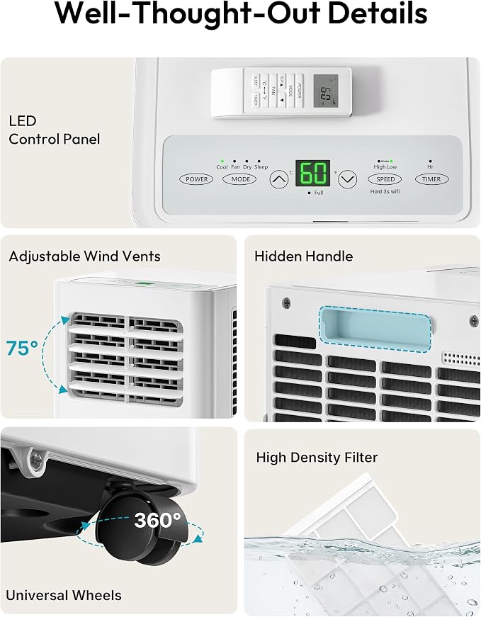EUHOMY 8000 Btu Portable Air Conditioners, 3 in 1 Portable AC with Cool, Dry, Fan Modes, Quiet Air Conditioners with 24H Timer & Sleep Modes, with Remote, for Bedroom, Apartments up to 350 Sq.Ft