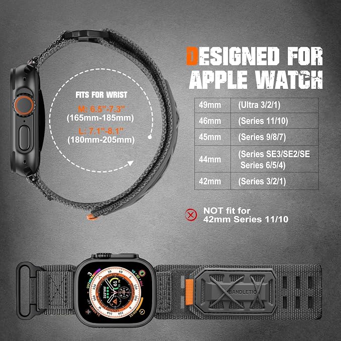 Bandletic Compatible with Apple Watch Ultra 2 Band Men, Wide Tactical Military Nylon Rugged Soft Sport Loop for iWatch 49mm(Ultra 3/2/1),46mm(11/10),45mm(9/8/7),44mm(SE3/SE2/SE/6/5/4),42mm(3/2/1)