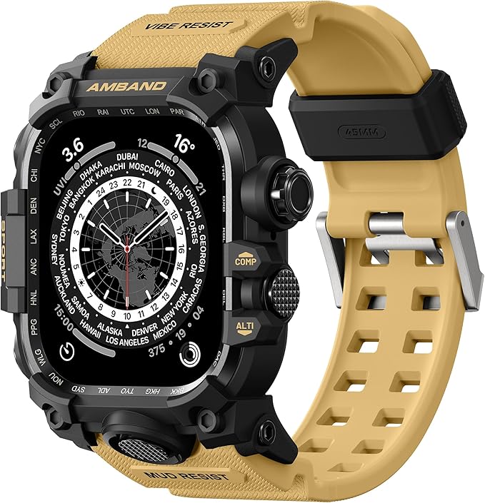 amBand Rugged Case with Band for Apple Watch 45mm, Compatible with Apple Watch (iWatch) Series 9/8/7, Military Grade Shockproof Bumper Cover, Tactical Band for Men, Sand Beige