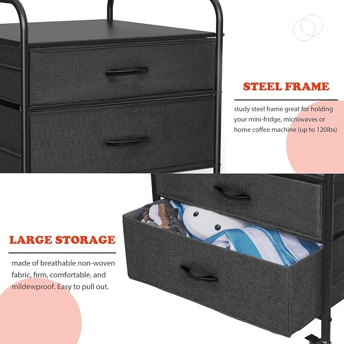 EazeHome Mini Fridge Stand with Storage, Mini Fridge Stand, 2 Drawer Dorm Fridge Cart, Organizer Unit for Mini Fridge, Fridge Stand Table, Mini Fridge Table with Swivel Wheels, Black