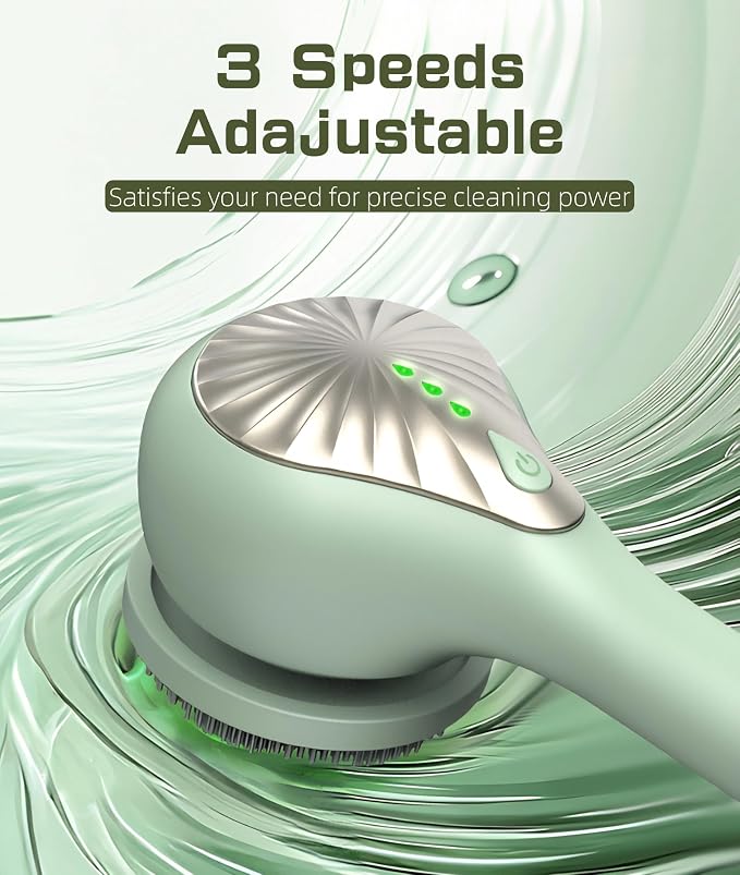 Electric Body Brush Back Scrubber for Shower, IPX6 Water Proof Bath Brush with Long Handle, 6 Heads 3 Speeds Rechargeable Electric Spin Scrubber for Cleanse, Massage, Exfoliate