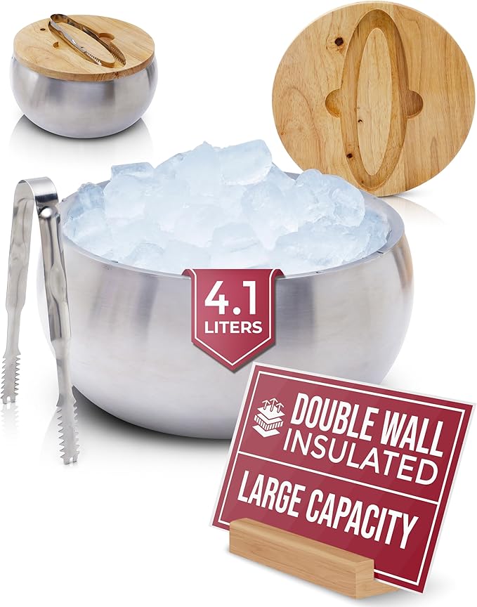 Gusto Nostro 4.1L Insulated Ice Bucket with Lid and Tongs, Double Wall Stainless Steel Ice Bucket Large, BPA Free Ice Bucket for Cocktail Bar, Keeps Champagne, Wine, Beer Chill for Parties