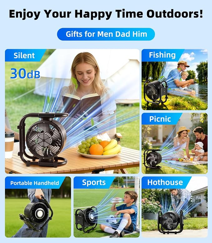 Rechargeable Auto-Oscillating Fan, 16000mAh Battery Powered Portable Outdoor Fan with 6-Speeds & LED/RGB Lights, 120° Rotating Tent Fan for Camping, RV, Patio, and Jobsite