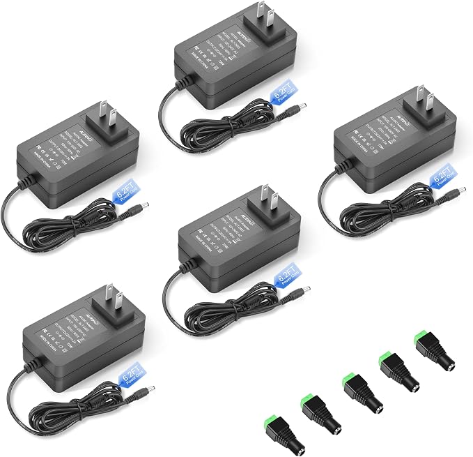ALITOVE 24V 3A Power Supply AC Adapter 6.2FT Power Cord 100-240V to DC 24 Volt 3A 2A 1A Amp 72W Transformer Converter 5.5x2.5mm Output Jack for LED Strip Module Light, CCTV Camera System (5 Pack)
