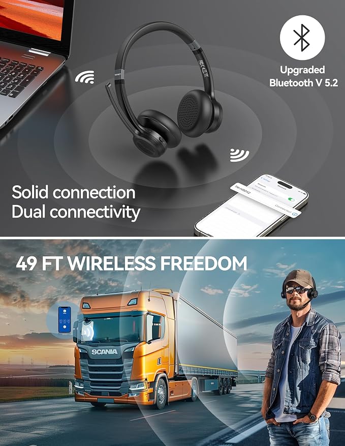 TECKNET Wireless Headset, Bluetooth Headset with Noise Cancelling Microphone - Rechargeable Bluetooth V5.2 Headphones, 50H Playtime & Mic Mute, On Ear Headphones for Trucker/Remote Work/Call Center