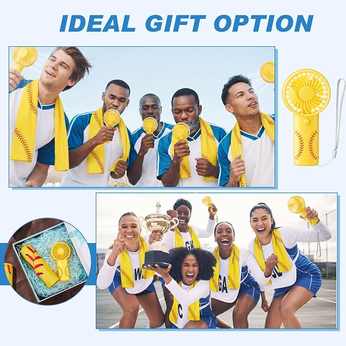 Retisee 24 Pcs Softball Cooling Towel Mini Portable Fan Set 32 x 12 Inch Workout Towels Handheld Battery Powered Fan Sporting Baseball Gifts for Summer Team Gift Travel Camping Makeup Yoga Running