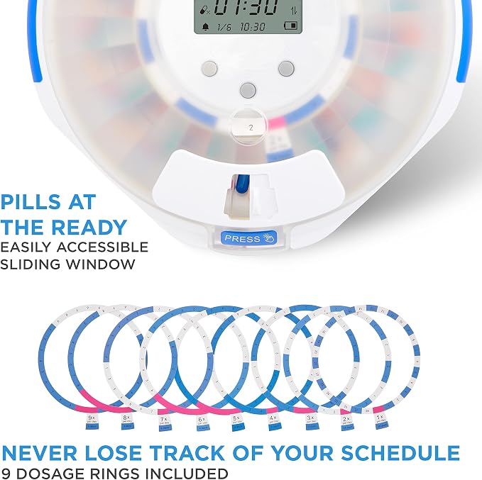 Live Fine Smart WiFi Automatic Pill Dispenser Frosted Lid | 28-Day Medication Organizer Up to 9 Doses Per Day for Care Monitoring with Lock Key, Light/Sound Alarms for Prescriptions & Vitamins
