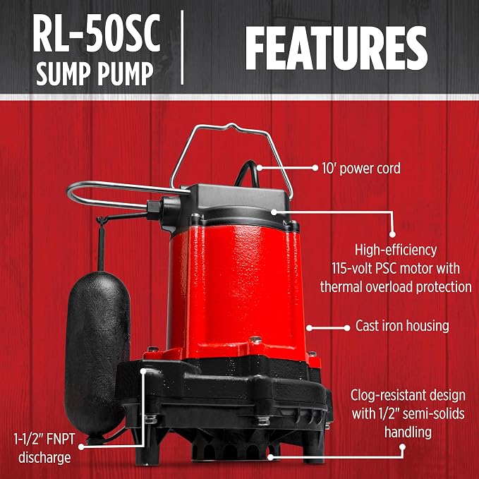 Red Lion RL-50SC 1/2 HP, 115-Volt, 4000 GPH, Cast Iron Sump/Effluent Pump with Snap-Action Float Switch, Red, 14942653