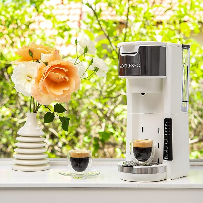 Mixpresso White Single Serve Coffee Brewer K-Cup Pods Compatible & Ground, 30 oz Compact Coffee Maker Single Serve With 5 Brew Sizes Up To 14 Oz, Fits Travel Mug, Adjustable Drip Tray