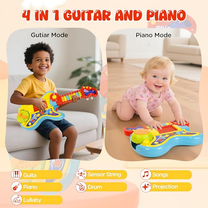 Toddler Guitar Toy 2-4 Years, 4-in-1 Kids Musical Toy with Piano & Projector, Light Up Music Instrument Toy for Toddlers, Learning Educational Toy Gift for 2 3 4 5 Year Old Girls Boys