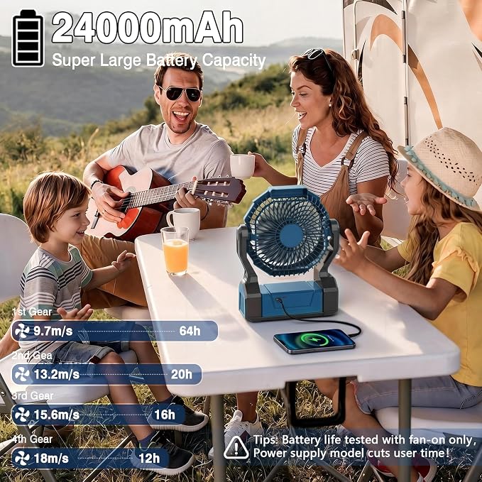 XZK 24000mAh Rechargeable Camping Fan, 64H Runtime Battery Powered Portable Travel Fan with LED Light, Tent Fans for Indoor,Outdoor,Fishing,Jobsite & Hurricane Emergency,Gifts for Men Dad Him,Blue