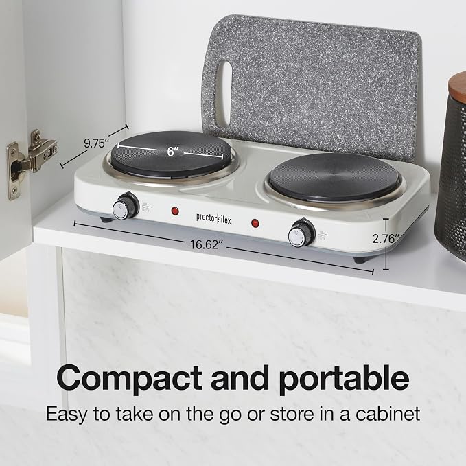 Proctor Silex Portable Electric Stove, Cast Iron Double Burner Cooktop, Compact, Adjustable Temperature Hot Plate, 1700 Watts, White (34117)