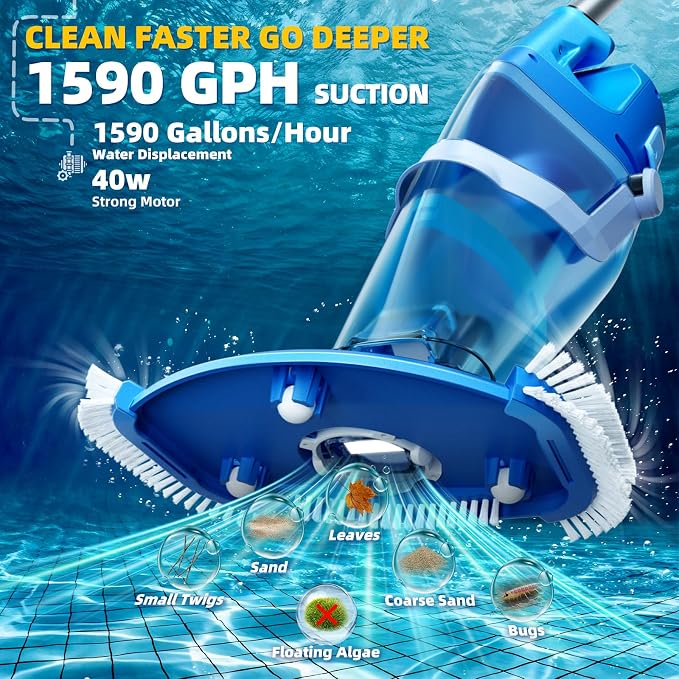 Cordless Pool Vacuum Above & Inground Pools, Powerful 1590 GPH Suction,Handheld Telescopic Pole up to 85.45", 1H Runtime, 2L Debris Bin, Rechargeable Pool Cleaner for Spas & Hot Tubs
