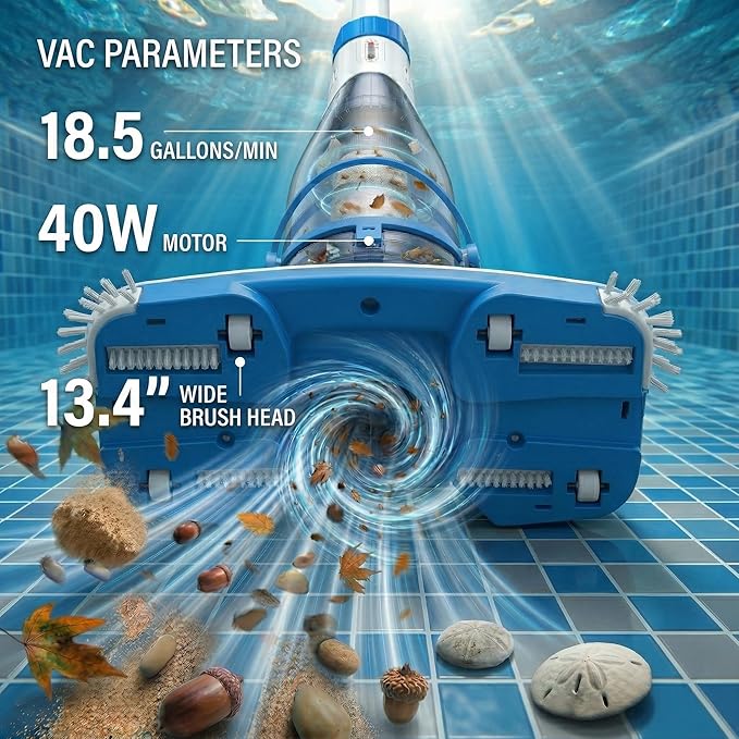 Pool Vacuum for Above Ground Pools & Inground Pools, 2026 Update for Motor, Consciot Rechargeable Handheld Cleaner with Telescopic Pole, 18.5 GPM Suction, 13.4" Head, 60-Min Runtime
