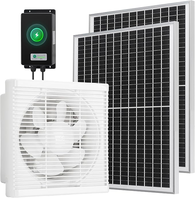blessny Solar Powered Rechargeable Shutter Exhaust Fan, 50W Solar 10" Ventilation Vent Fan with 66.6 Wh Battery Backup for Outside Greenhouse, Chicken Coop, Shed, Pet House