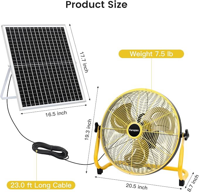Fanspex 18" Solar Rechargeable Floor Fan for Outdoor, 22500 mAh Battery Operated Fan with 35W Solar Panel Powered for Patio Gazebo Camping, 360° Tilt (19.1 ft/s Airflow)