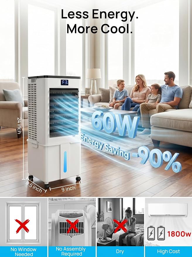 Windowless Portable Air Conditioner, 3-IN-1 Portable AC Fan w/ 2.64Gal Tank for 20H Cooling, 4 Modes & 3 Speeds, 12H Timer for Auto-off, Remote, Swamp Cooler for Room, Bedroom