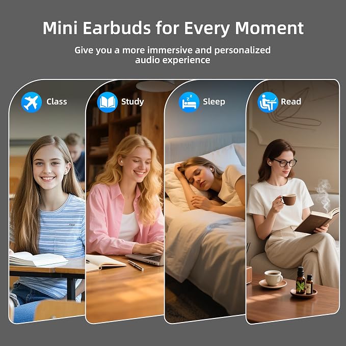 Sleep Earbuds for Side Sleepers,Mini Invisible Wireless Earbuds for Small Ear Canals,Bluetooth 5.4, 40H Battery,Noise Blocking,Waterproof,LED Power Display,Tiny Earbuds for Work,Sleep（Beige）