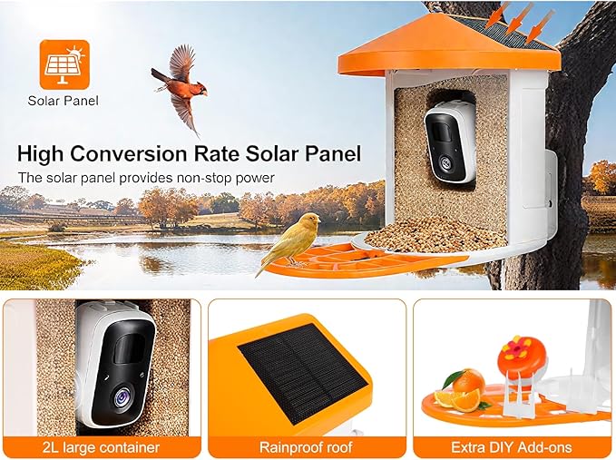 5W Solar Powered Bird Feeder with Camera - Smart Birdfeeder with 64GB SD Card, 2K Live View, AI Identification, Weatherproof Outdoor Bird Feeder for Backyard, Night Vision & Auto Capture