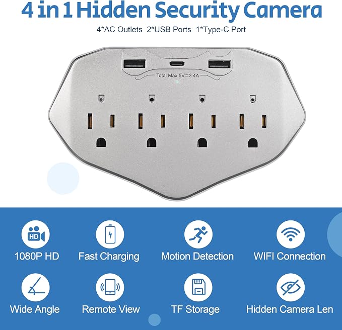 1080P WiFi Wall Outlet Camera with 45W Fast Charging, 4 AC Outlets, USB-C & USB-A Charging Ports, Remote Viewing Security Camera with Loop Recording, No Night Vision
