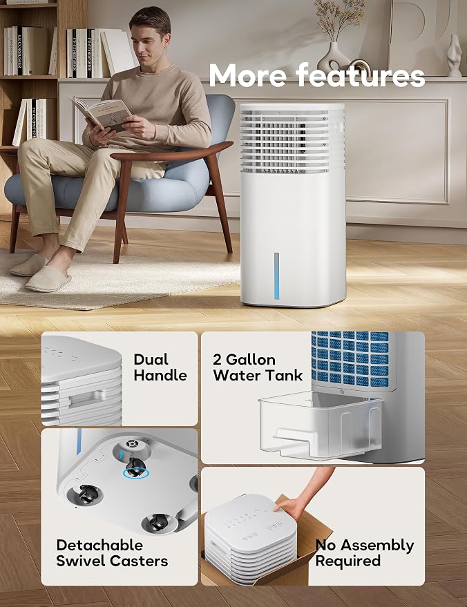 Windowless Portable Air Conditioner, 24.4" Small Evaporative Air Cooler for Room No Window, 3-Speed Settings, 4 Modes, 7H Timer, Remote Control, 4 Ice Packs, Quiet AC Unit for Bedroom, White
