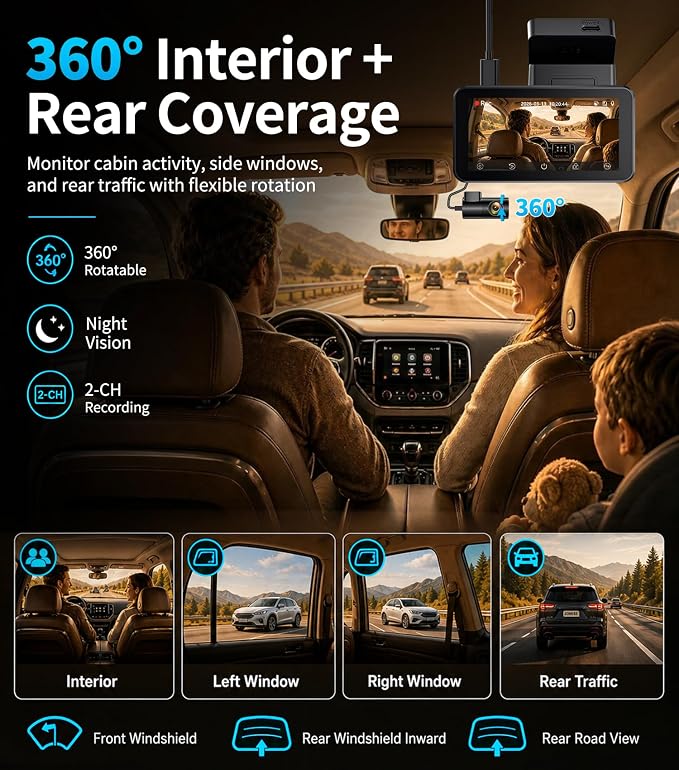 JOMISE 4K Dash Cam Front and Rear, 360° Interior Rear Camera for Cabin, Side & Rear - Dash Camera for Cars with 64GB Card, Low-Light Sensor, Wi-Fi 6 GPS, Touch Screen, HDR WDR, Support 1TB, A80T