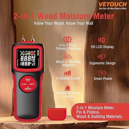 2 in 1 Pin & Pinless Wood Moisture Meter, Digital Moisture Detector with LCD Display & Alarm, Temperature Humidity Tester for Wood, Building Materials, Firewood, Walls, Floors, Home Renovation