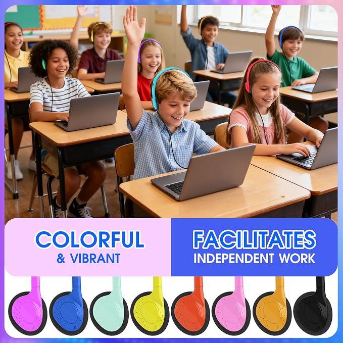 24 Pack Bulk Headphones for Classroom Students Kids School,Wholesale Earphones Wired On Ear Class Set Headsets with 3.5mm Jack for Library Chromebook Laptop PC Computer(HLY002,8 Colors)