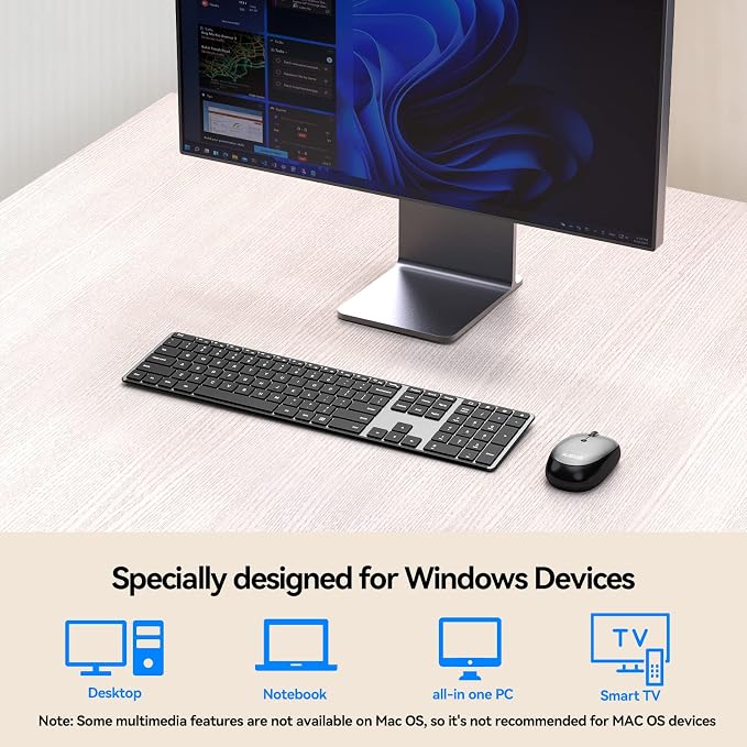 AUSDOM Wireless Keyboard and Mouse Combo, Cordless Quiet Keyboard Mouse Set, Rechargeable Slim Silent Full Size Keyboard with 3 DPI Adjustable Mouse, Ultra-Thin for Windows, Laptop, Black Gray